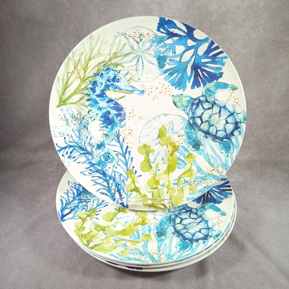 Sigrid Olsen Turtle Seahorse Sea Melamine 11" Dinner Plates Beach Summer Set of4